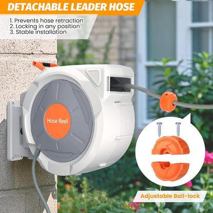 Retractable Garden Hose Reel 1/2 in x 130 Ft, Wall Mounted Garden Hose Reel, with 9 Function Sprayer Nozzle, Any Length Lock, Lock/Automatic Slow Return System, 180° Swivel Bracket(Grey)