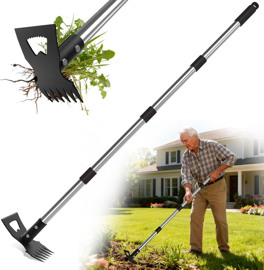 2-in-1 Garden Hoe & Weed Puller Rake, 63" Adjustable Long Handle