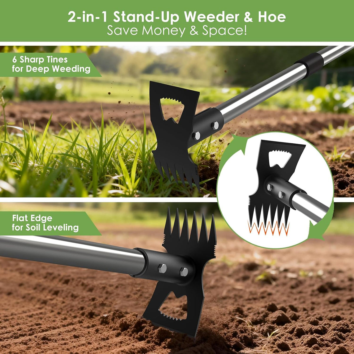 2-in-1 Garden Hoe & Weed Puller Rake, 63" Adjustable Long Handle