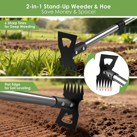 2-in-1 Garden Hoe & Weed Puller Rake, 63" Adjustable Long Handle