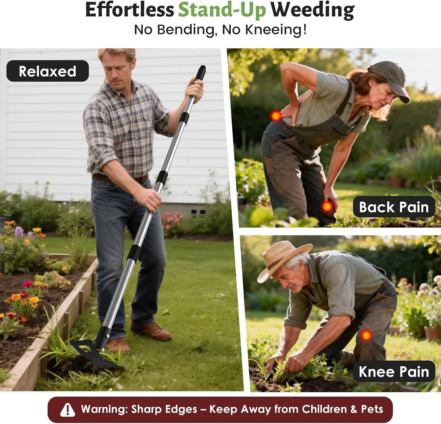 2-in-1 Garden Hoe & Weed Puller Rake, 63" Adjustable Long Handle