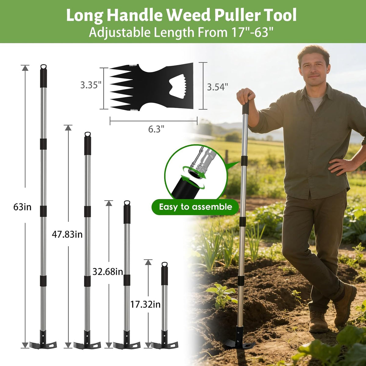 2-in-1 Garden Hoe & Weed Puller Rake, 63" Adjustable Long Handle