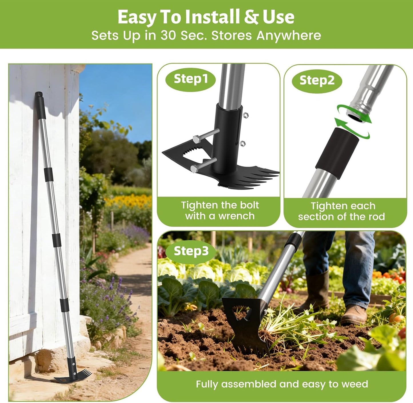 2-in-1 Garden Hoe & Weed Puller Rake, 63" Adjustable Long Handle