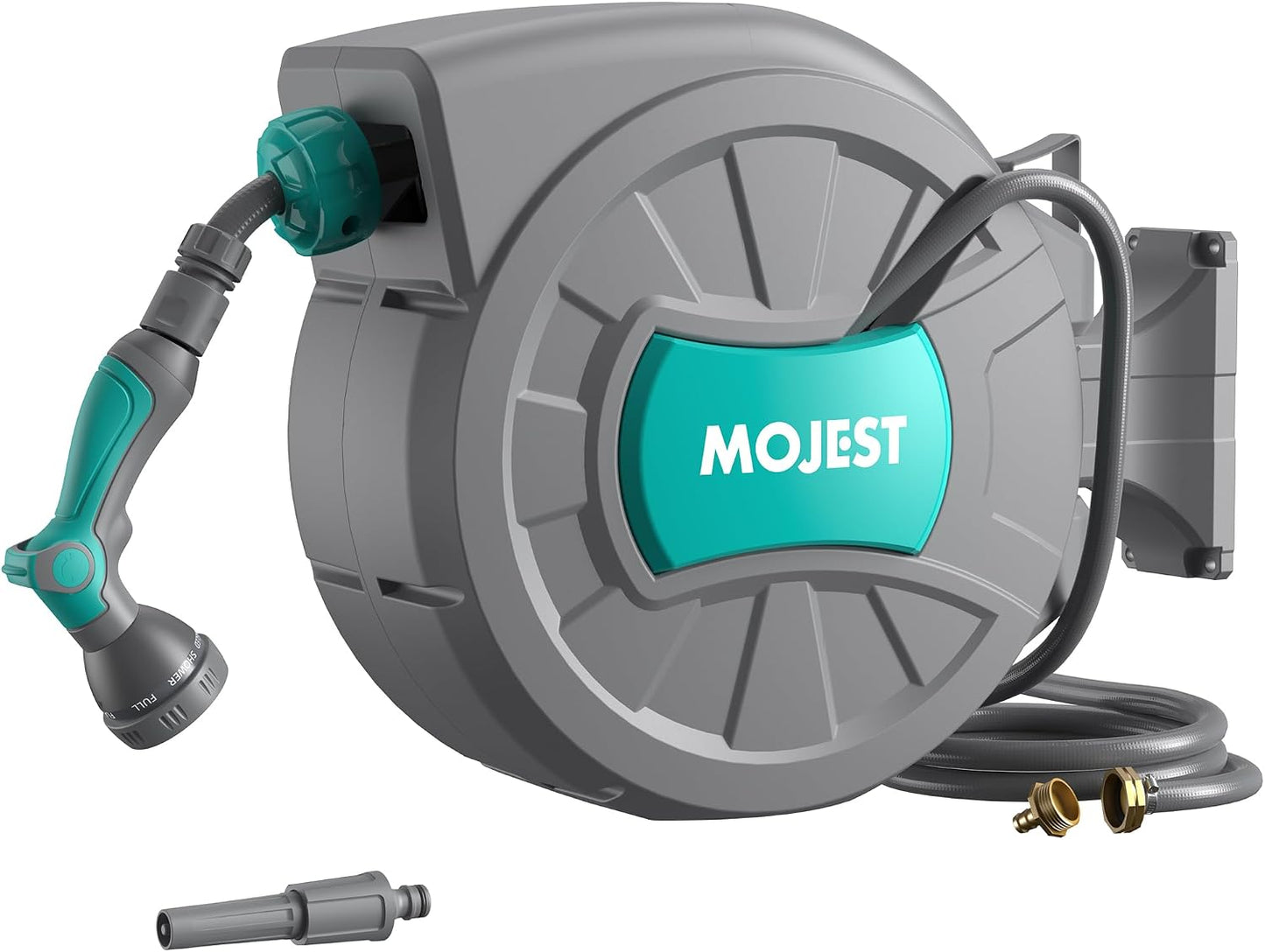 Mojest Retractable Garden Hose Reel - 1/2 in x 80 ft Wall Mounted Heavy Duty Water Hose Reel with Automatic Slow Rewind System, 2 Hose Nozzle, 180°Swivel Bracket, Dark Gray