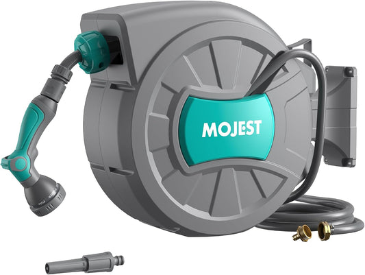 Mojest Retractable Garden Hose Reel - 1/2 in x 80 ft Wall Mounted Heavy Duty Water Hose Reel with Automatic Slow Rewind System, 2 Hose Nozzle, 180°Swivel Bracket, Dark Gray