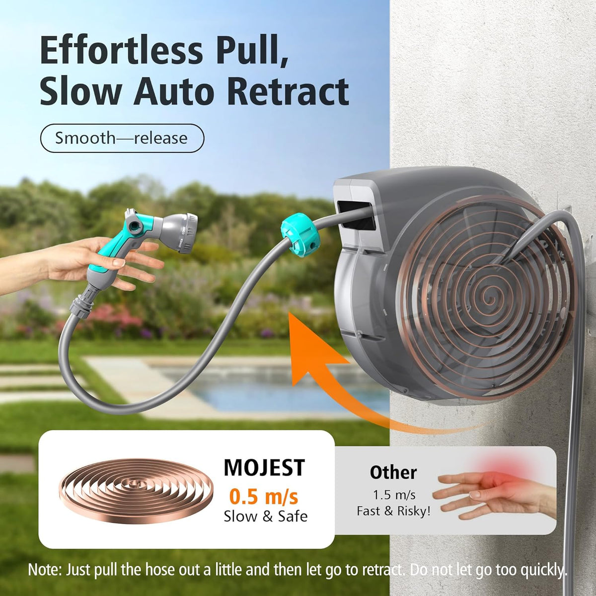Mojest Retractable Garden Hose Reel - 1/2 in x 80 ft Wall Mounted Heavy Duty Water Hose Reel with Automatic Slow Rewind System, 2 Hose Nozzle, 180°Swivel Bracket, Dark Gray