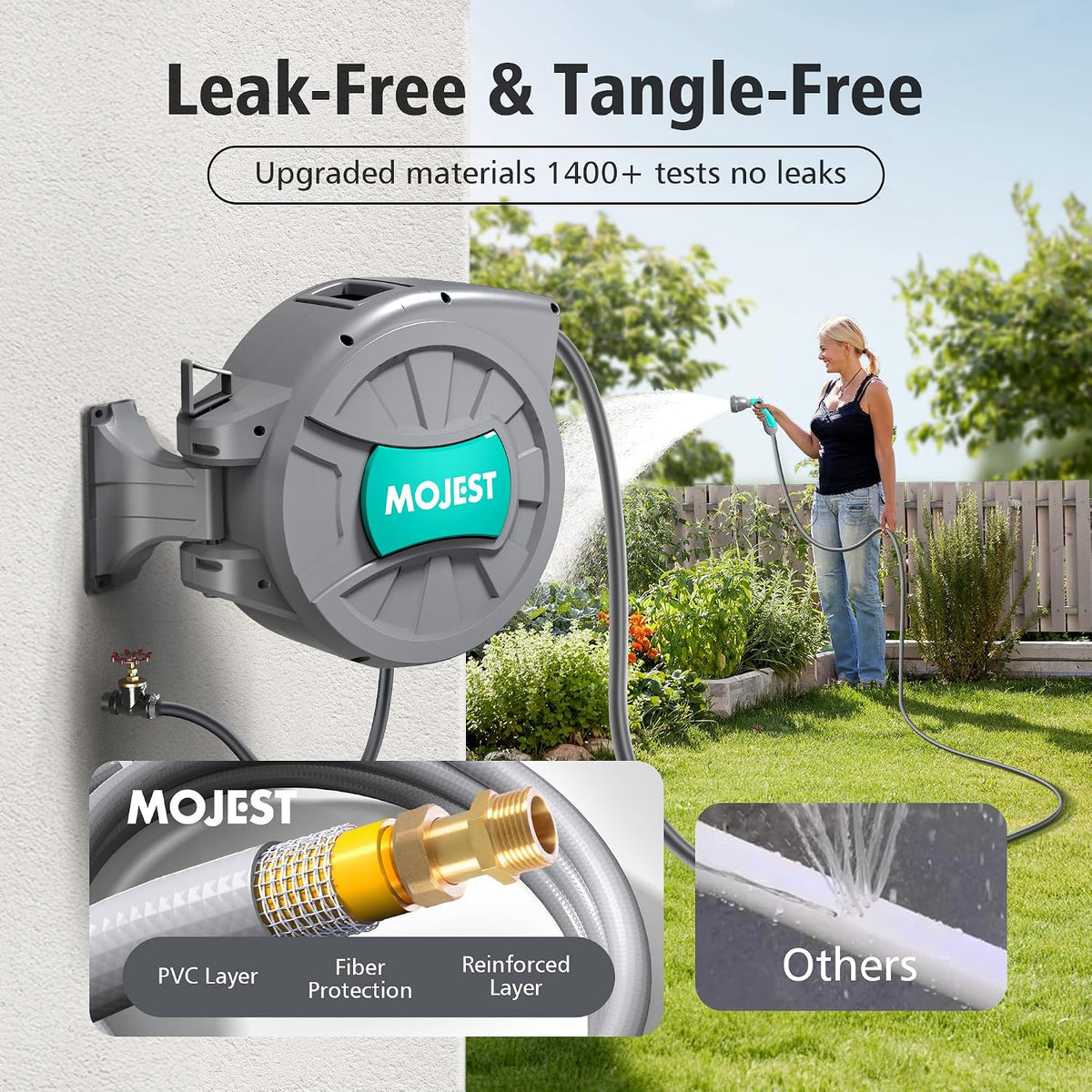 Mojest Retractable Garden Hose Reel - 1/2 in x 80 ft Wall Mounted Heavy Duty Water Hose Reel with Automatic Slow Rewind System, 2 Hose Nozzle, 180°Swivel Bracket, Dark Gray