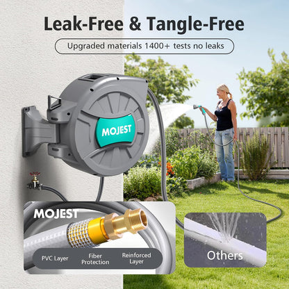 Mojest Retractable Garden Hose Reel - 1/2 in x 80 ft Wall Mounted Heavy Duty Water Hose Reel with Automatic Slow Rewind System, 2 Hose Nozzle, 180°Swivel Bracket, Dark Gray