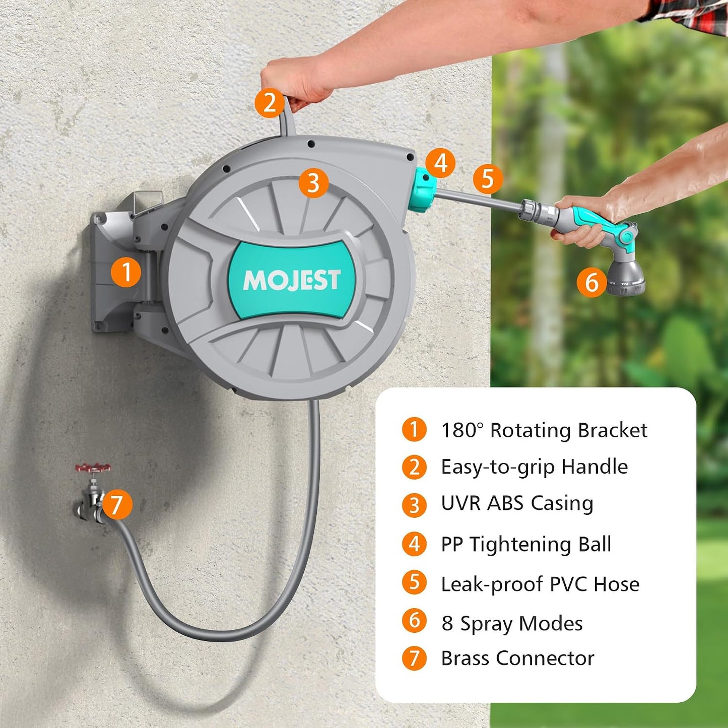 Mojest Retractable Garden Hose Reel - 1/2 in x 80 ft Wall Mounted Heavy Duty Water Hose Reel with Automatic Slow Rewind System, 2 Hose Nozzle, 180°Swivel Bracket, Dark Gray