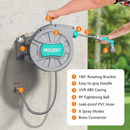 Mojest Retractable Garden Hose Reel - 1/2 in x 80 ft Wall Mounted Heavy Duty Water Hose Reel with Automatic Slow Rewind System, 2 Hose Nozzle, 180°Swivel Bracket, Dark Gray