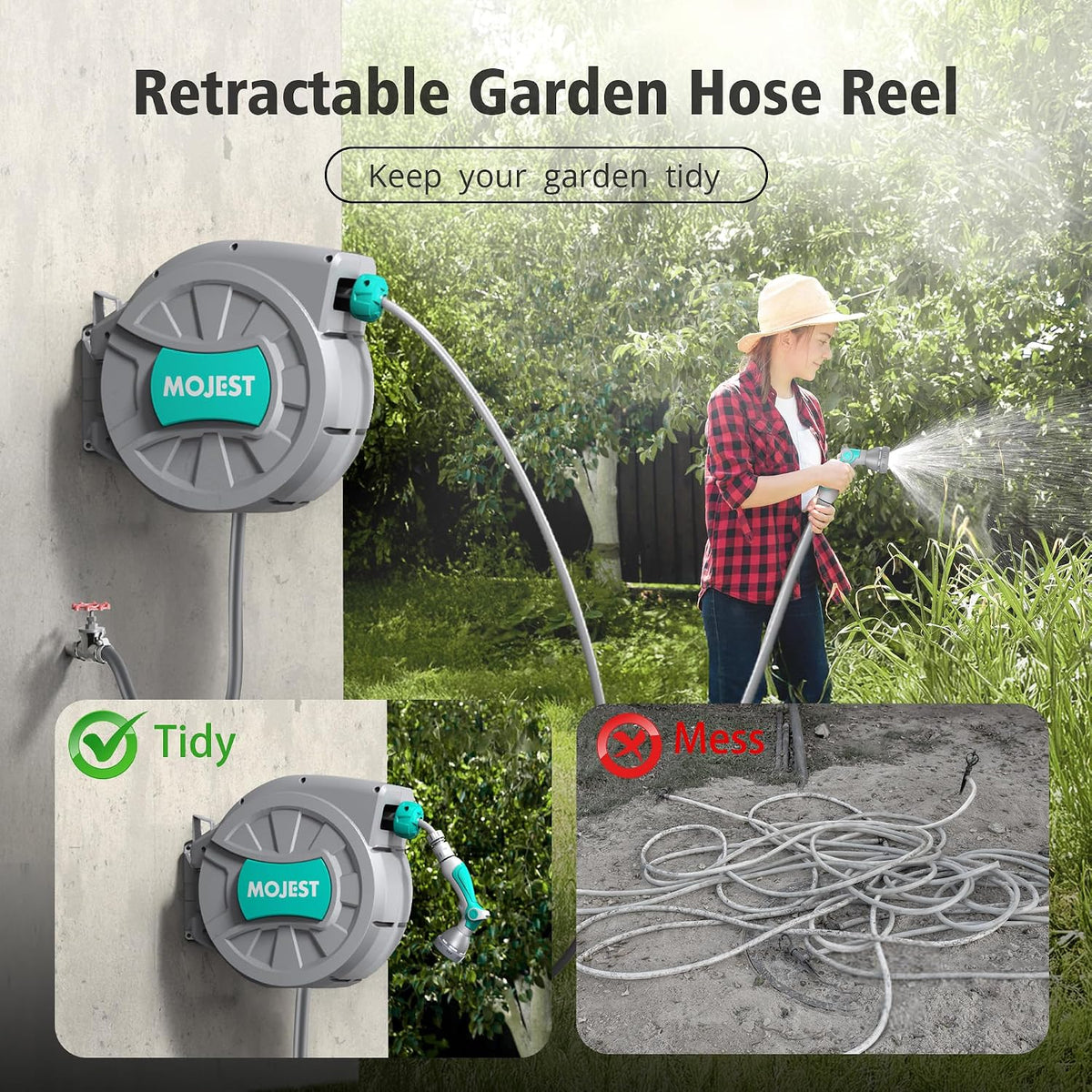 Mojest Retractable Garden Hose Reel - 1/2 in x 80 ft Wall Mounted Heavy Duty Water Hose Reel with Automatic Slow Rewind System, 2 Hose Nozzle, 180°Swivel Bracket, Dark Gray