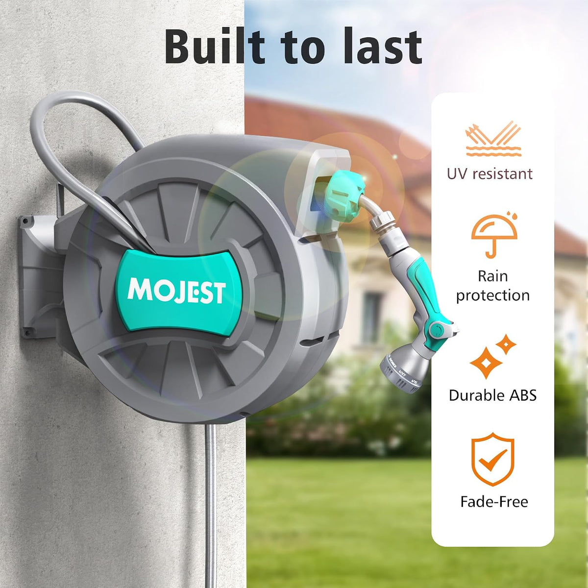 Mojest Retractable Garden Hose Reel - 1/2 in x 80 ft Wall Mounted Heavy Duty Water Hose Reel with Automatic Slow Rewind System, 2 Hose Nozzle, 180°Swivel Bracket, Dark Gray
