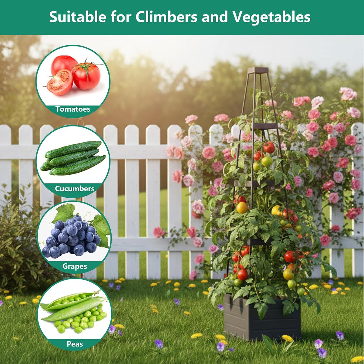 2 Pack Raised Garden Bed Planter Box with Trellis, 58”Tomato Planter with Trellis for Climbing Plants Vegetables Vine Flowers, Self-Watering Tomato Cage for Garden Patio Outdoor & Indoor