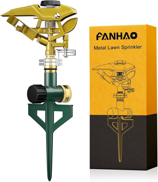 Heavy Duty Pulsating Impact Sprinkler on Spike Base, 100% Metal Impact Sprinkler with 360° Adjustable Spray Pattern for Large Area Lawn & Yard Irrigation, Covers Up to 5800 sq. Ft
