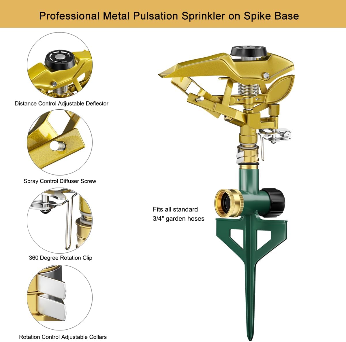 Heavy Duty Pulsating Impact Sprinkler on Spike Base, 100% Metal Impact Sprinkler with 360° Adjustable Spray Pattern for Large Area Lawn & Yard Irrigation, Covers Up to 5800 sq. Ft