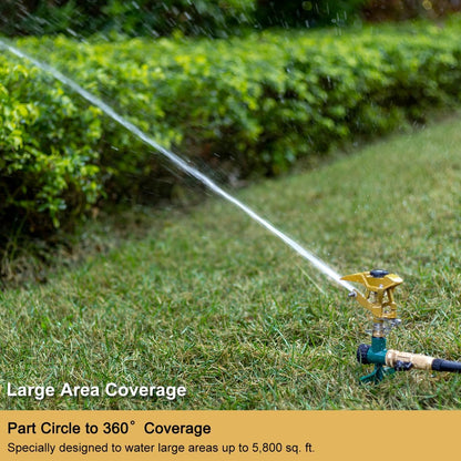Heavy Duty Pulsating Impact Sprinkler on Spike Base, 100% Metal Impact Sprinkler with 360° Adjustable Spray Pattern for Large Area Lawn & Yard Irrigation, Covers Up to 5800 sq. Ft