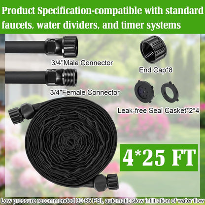 Soaker Hose,Lightweight and Soft Garden Drip Hose Saves 80% Water,Leak Proof Sprinkler Hose for Garden,Flower Planters & Vegetable Plots Watering (4 * 25ft)