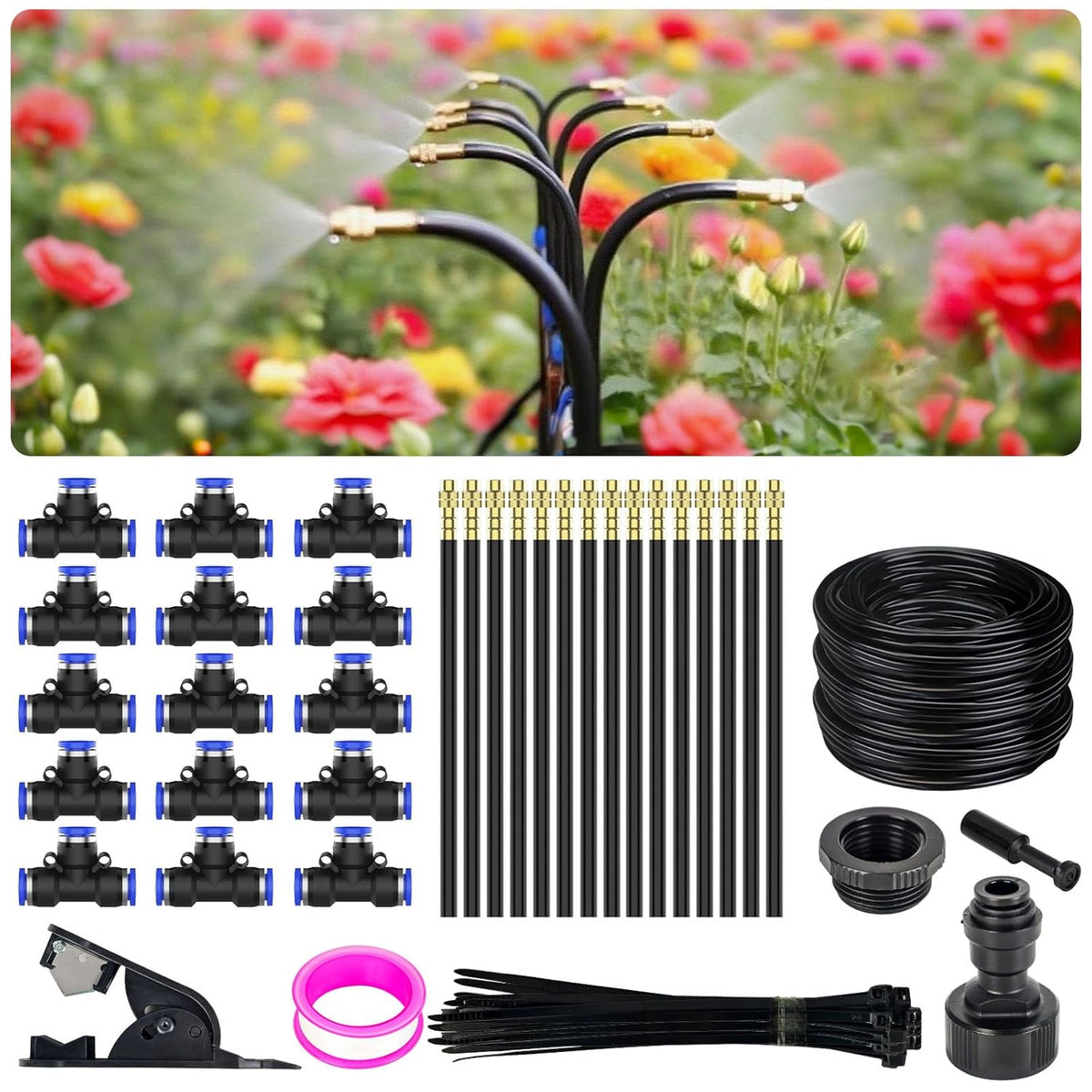 360° Adjustable Drip Irrigation System - Garden Watering System 33FT with 10 Nozzles, Drip Irrigation Kit for Garden, Yard, Lawn, Greenhouse, Plants, 5/16 inch Hose
