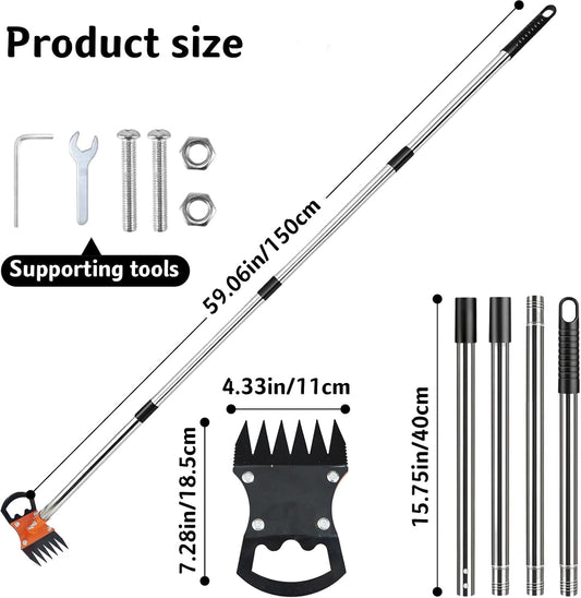 Weed Puller Tool with Long Handle, 59" Manual Weeder Remover Tool, 2 in 1 Hand Weed Rake and Garden Hoe for Gardening, Lawns, Yards