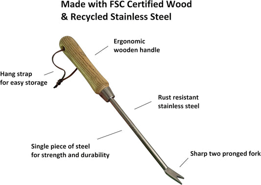 Eco Dandelion Weeder Tool with Ergonomic Wood Handle - 100% Recycled Stainless Steel - Rust Resistant - FSC Certified Wood - Weed Puller for Planting, Weeding, Flower & Vegetable Care