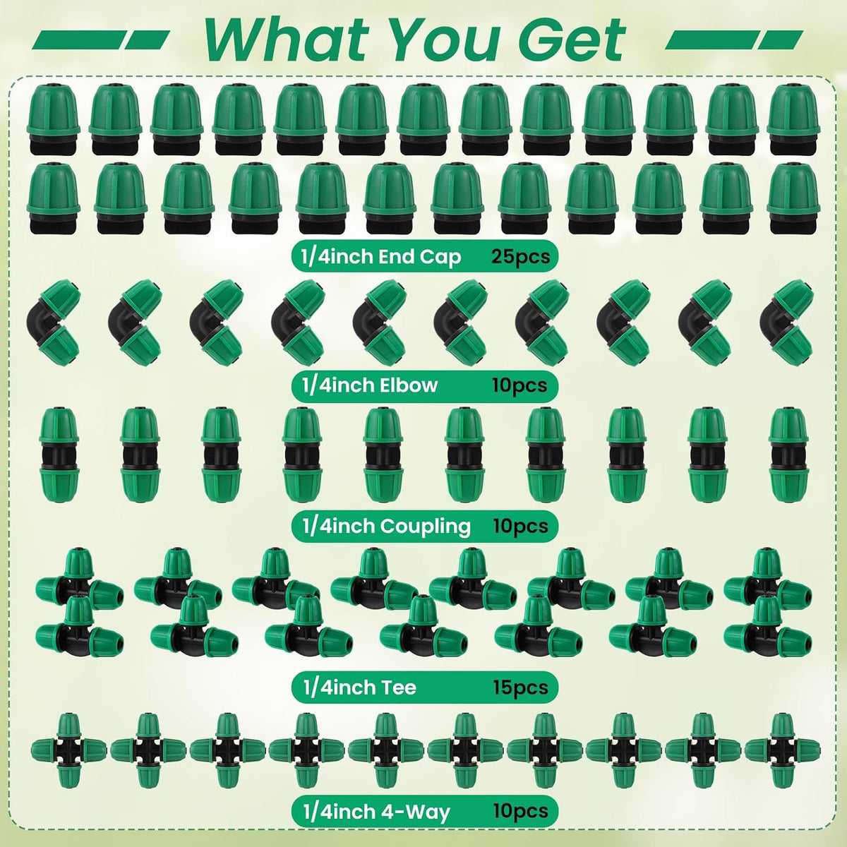 70 Pcs 1/4 Inch Drip Irrigation Fittings Kit,Green