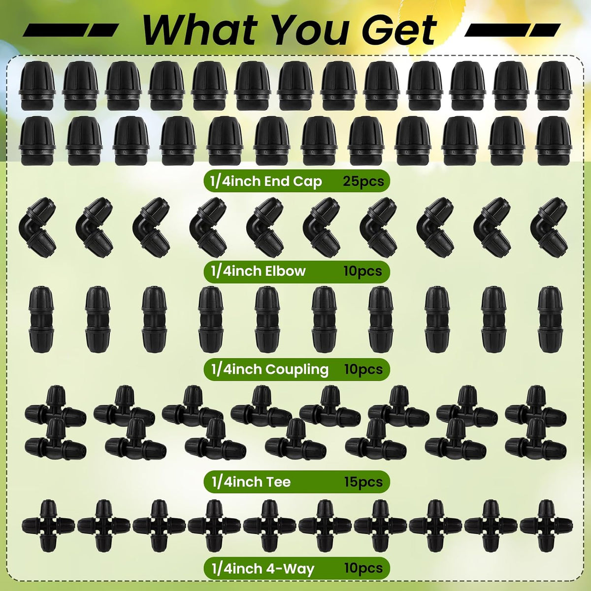 70 Pcs 1/4 Inch Drip Irrigation Fittings Kit,Green