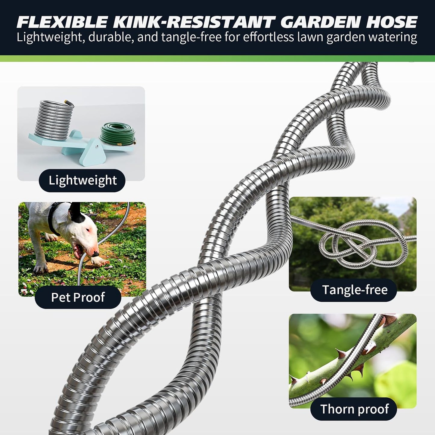 Short Metal Garden Hose 1ft Connector, Flexible Stainless Steel for Reel