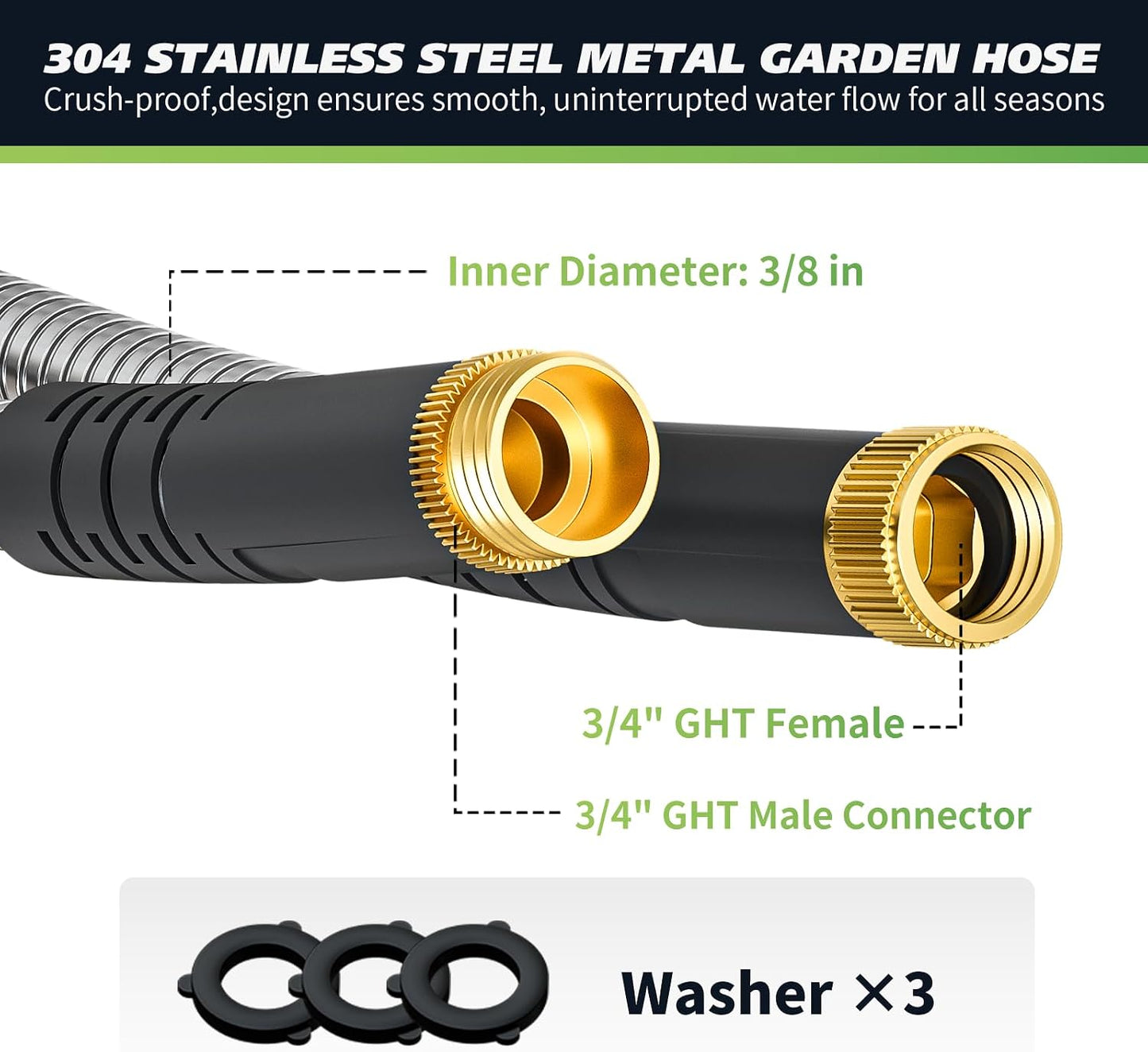 Short Metal Garden Hose 1ft Connector, Flexible Stainless Steel for Reel