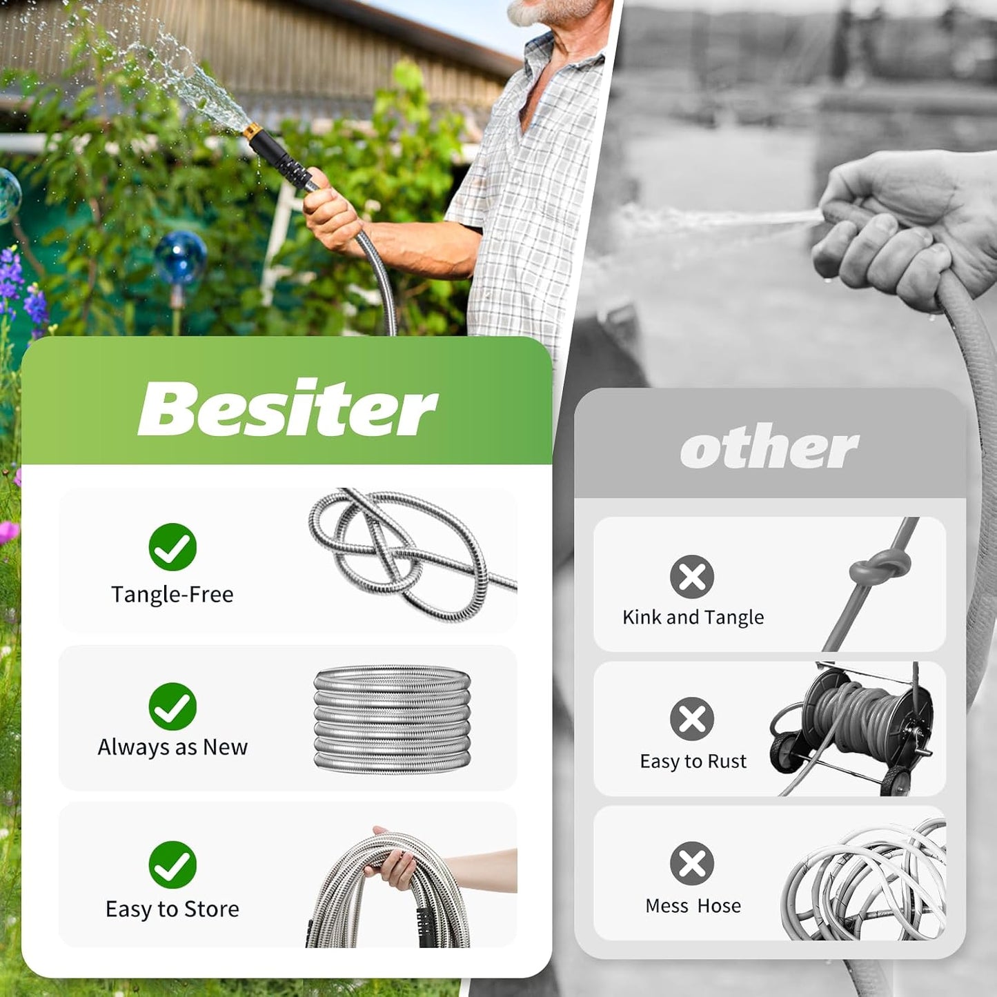 Short Metal Garden Hose 1ft Connector, Flexible Stainless Steel for Reel