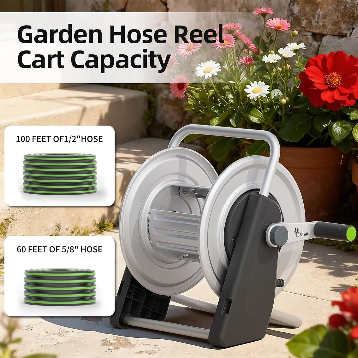 Metal Hose Reel Cart,Hose Holder Up to 50-80 Feet of 5/8" Hose,Wall Mounted Water Hose Reel,Portable Hose Reels for Outside Car Washing, Watering