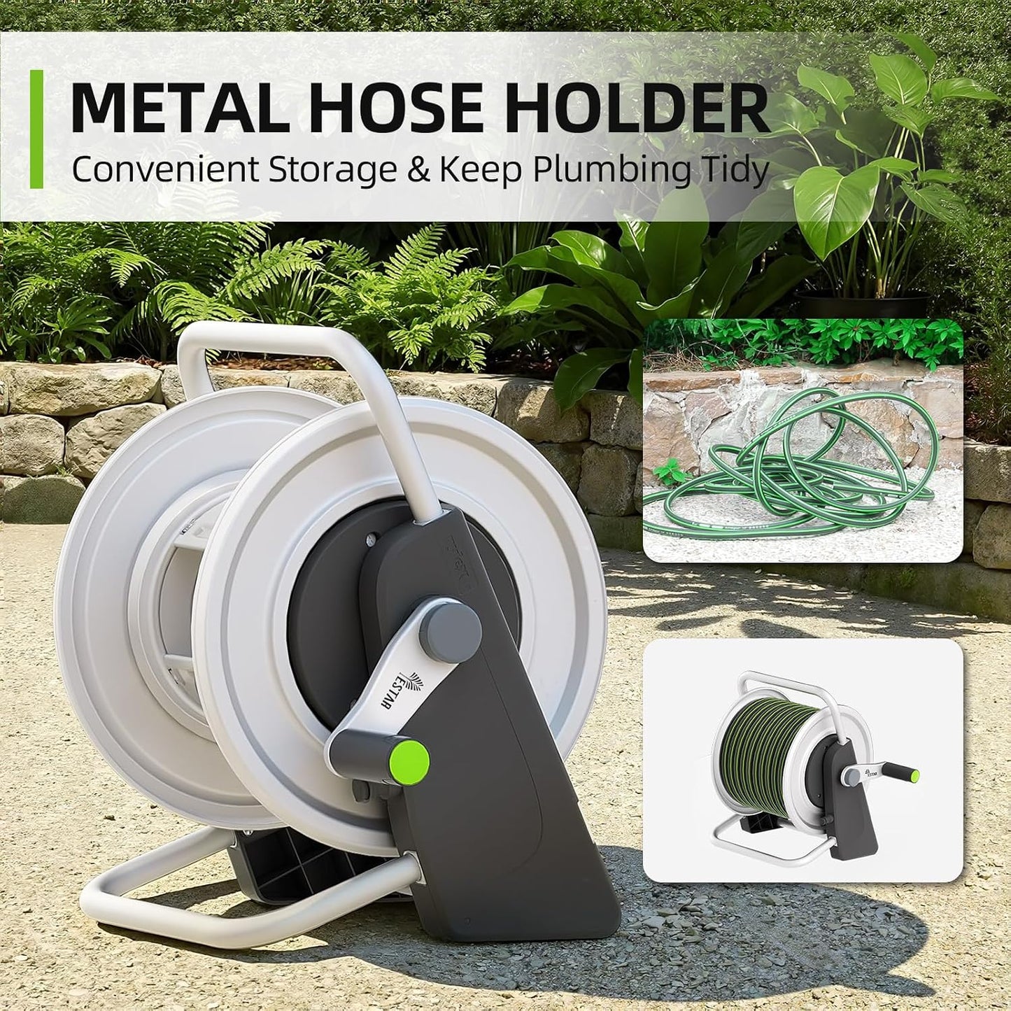 Metal Hose Reel Cart,Hose Holder Up to 50-80 Feet of 5/8" Hose,Wall Mounted Water Hose Reel,Portable Hose Reels for Outside Car Washing, Watering