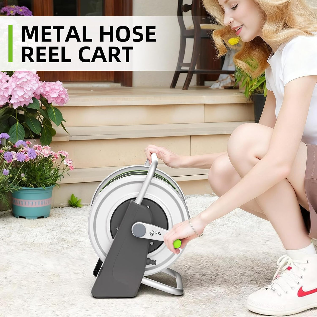 Metal Hose Reel Cart,Hose Holder Up to 50-80 Feet of 5/8" Hose,Wall Mounted Water Hose Reel,Portable Hose Reels for Outside Car Washing, Watering