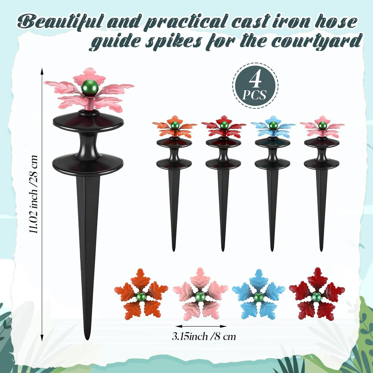 4 Packs Hose Guide Spike Decorative Flower Cast Iron 11-inch Metal Heavy Duty Garden Hose Guide Stakes Heavy Duty Black Antique Tools for Garden Lawn Yard Farm Outside Plants Protection