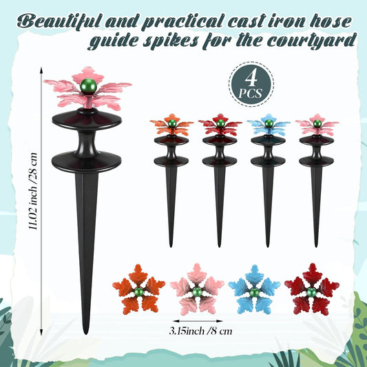 4 Packs Hose Guide Spike Decorative Flower Cast Iron 11-inch Metal Heavy Duty Garden Hose Guide Stakes Heavy Duty Black Antique Tools for Garden Lawn Yard Farm Outside Plants Protection
