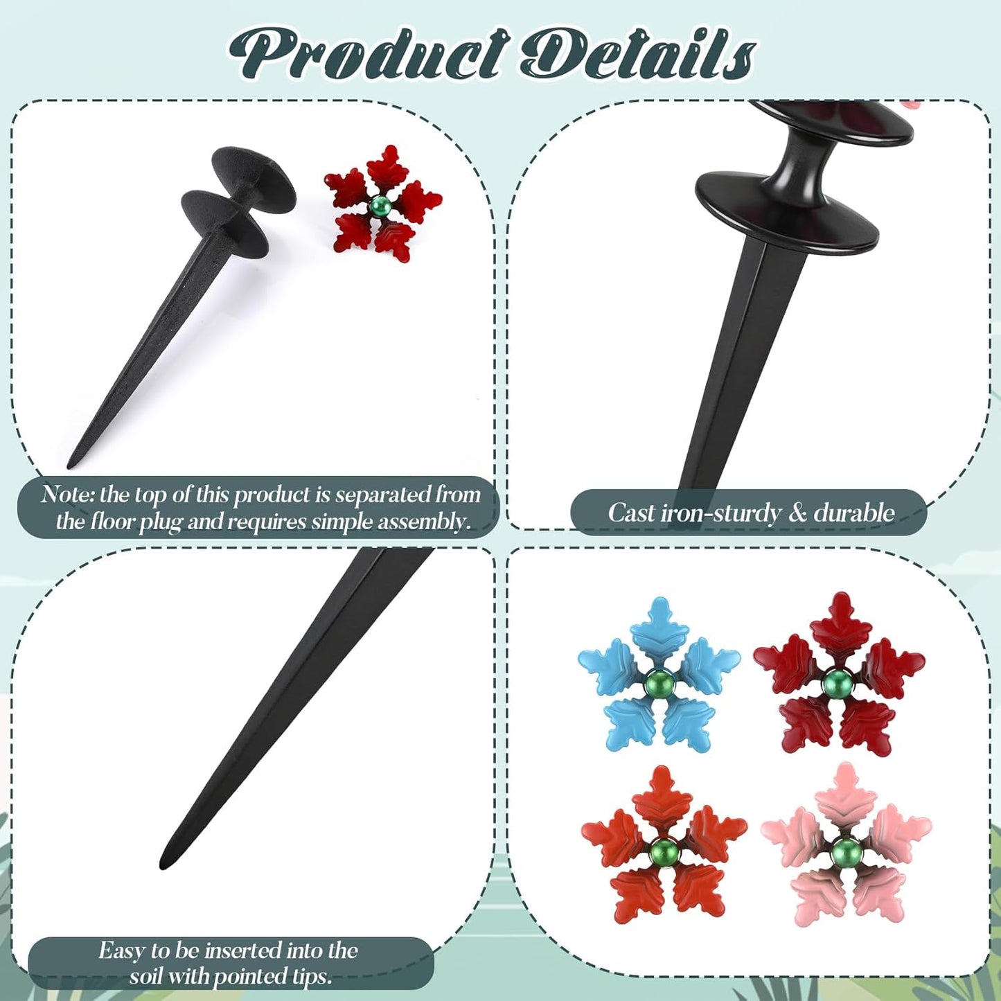 4 Packs Hose Guide Spike Decorative Flower Cast Iron 11-inch Metal Heavy Duty Garden Hose Guide Stakes Heavy Duty Black Antique Tools for Garden Lawn Yard Farm Outside Plants Protection