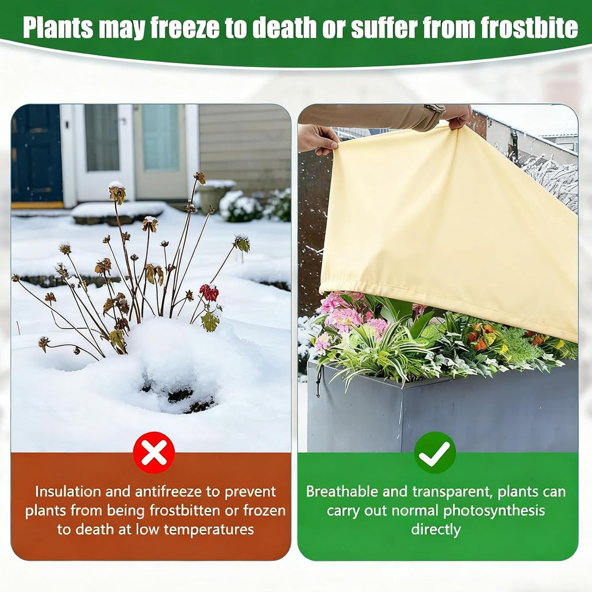 Plant Frost Cover, Rectangular Planter Plant Winter Frost Blanket with Drawstring, Garden Netting for Garden Protection, Raised Beds in Winter Damaged Bark 2 Pcs(59 * 15.7 * 17.7 INCH)