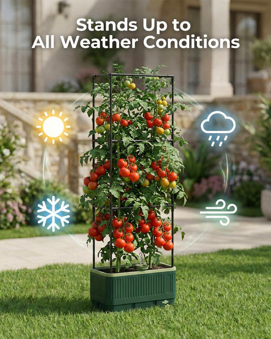 Raised Garden Bed Planter Box with Trellis, Self Watering Tomato Planters for Climbing Plants, Tomato Cage Trellis for Vegetables & Vine Flowers Indoor Outdoor Patio (Dark Green, 51.2In(2PCS))