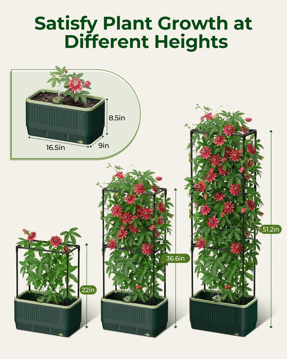 Raised Garden Bed Planter Box with Trellis, Self Watering Tomato Planters for Climbing Plants, Tomato Cage Trellis for Vegetables & Vine Flowers Indoor Outdoor Patio (Dark Green, 51.2In(2PCS))