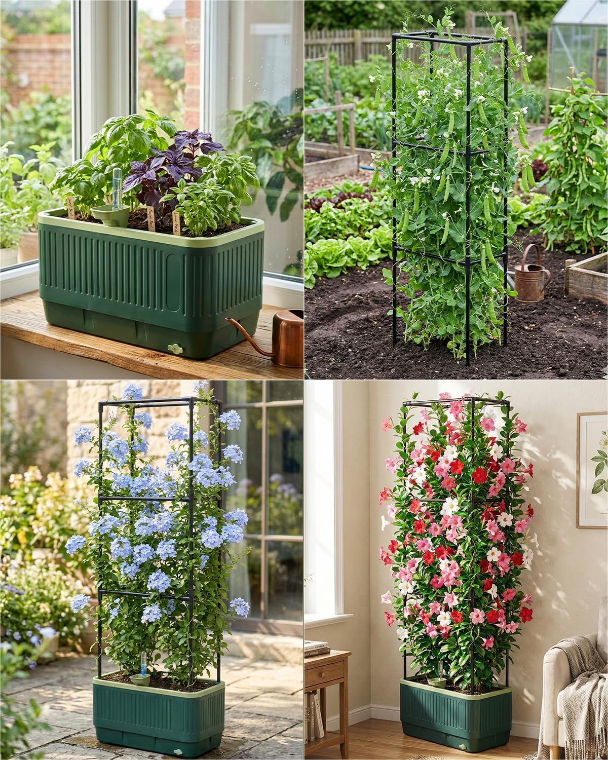 Raised Garden Bed Planter Box with Trellis, Self Watering Tomato Planters for Climbing Plants, Tomato Cage Trellis for Vegetables & Vine Flowers Indoor Outdoor Patio (Dark Green, 51.2In(2PCS))