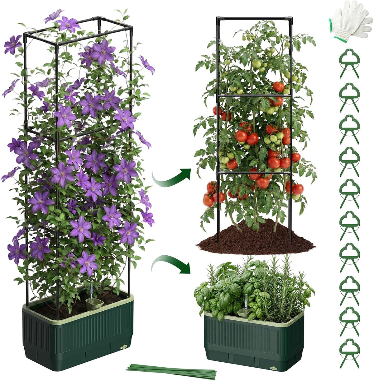 Raised Garden Bed Planter Box with Trellis, Self Watering Tomato Planters for Climbing Plants, Tomato Cage Trellis for Vegetables & Vine Flowers Indoor Outdoor Patio (Dark Green, 51.2In(2PCS))