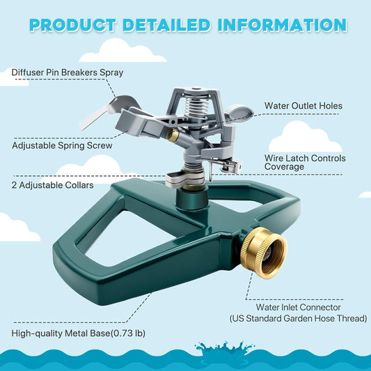 2 Pack Metal Impact Sprinklers for Yard Lawn Sprinkler 360 Coverage