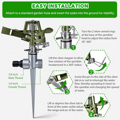2 Pack Metal Impact Sprinklers for Yard Lawn Sprinkler 360 Coverage