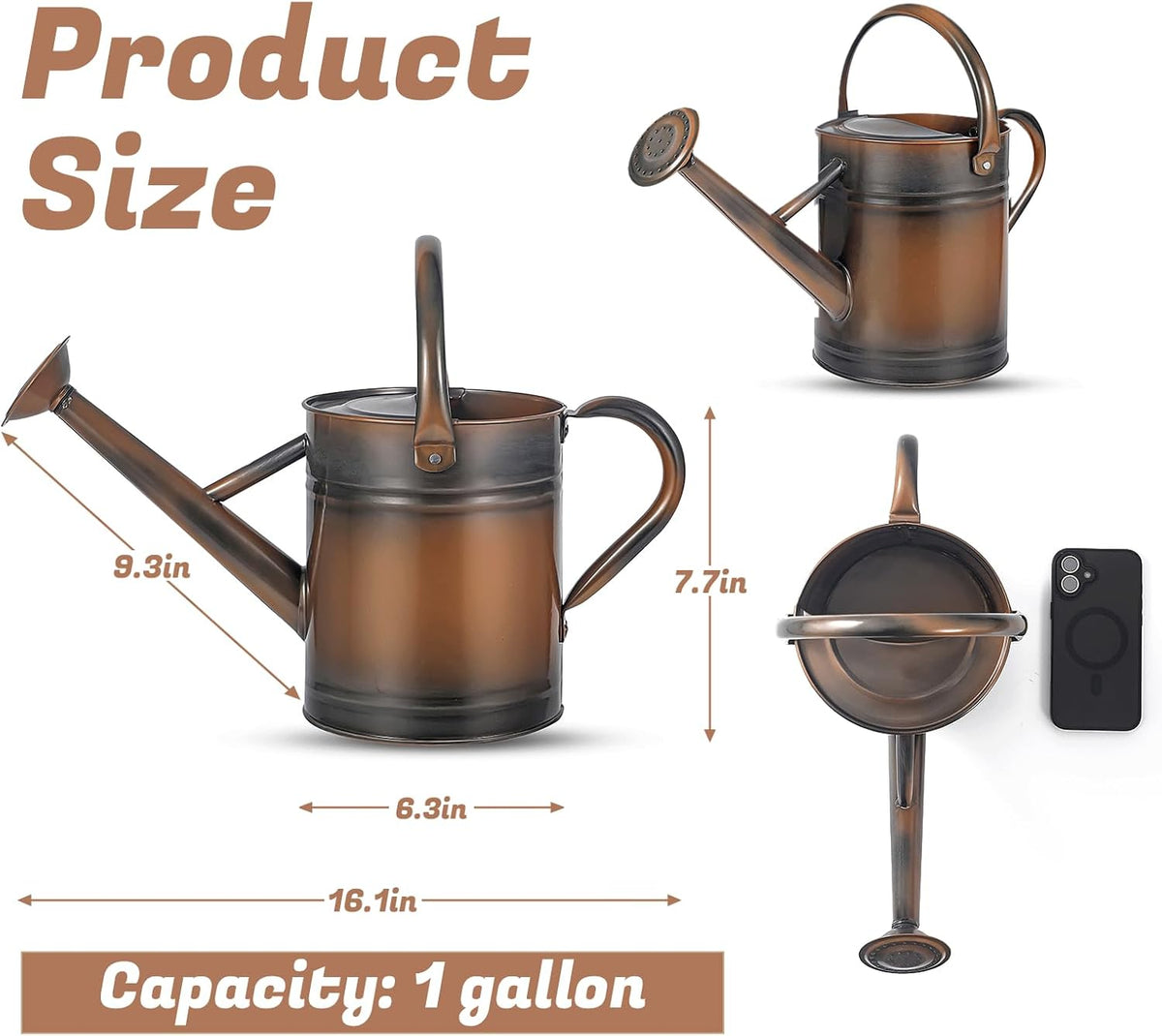 1 Gallon Watering Can for Plants, Watering Cans for Indoor&Outdoor Gardening, Galvanized Steel Watering Pot with Removable Spout, Metal Water Can with Ergonomic Movable Handle(Gold)
