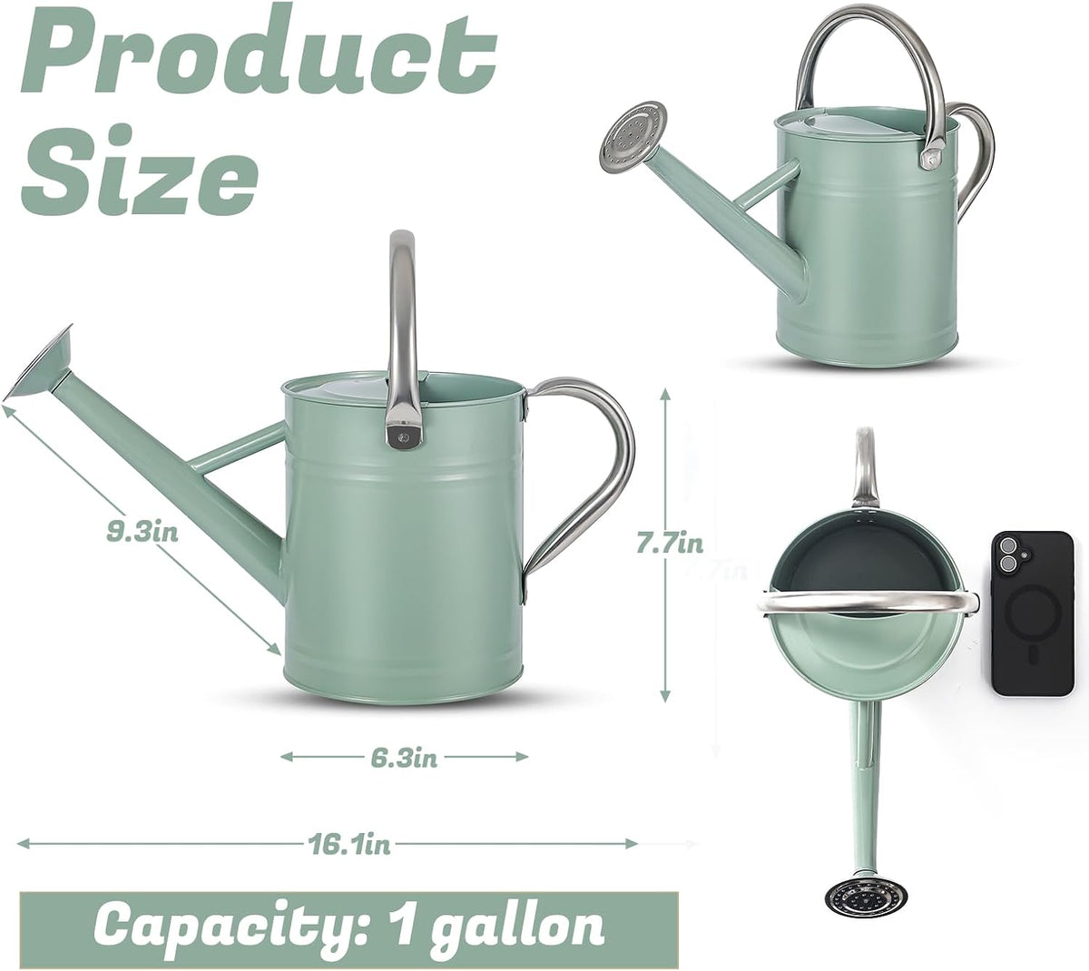 1 Gallon Watering Can for Plants, Watering Cans for Indoor&Outdoor Gardening, Galvanized Steel Watering Pot with Removable Spout, Metal Water Can with Ergonomic Movable Handle(Gold)