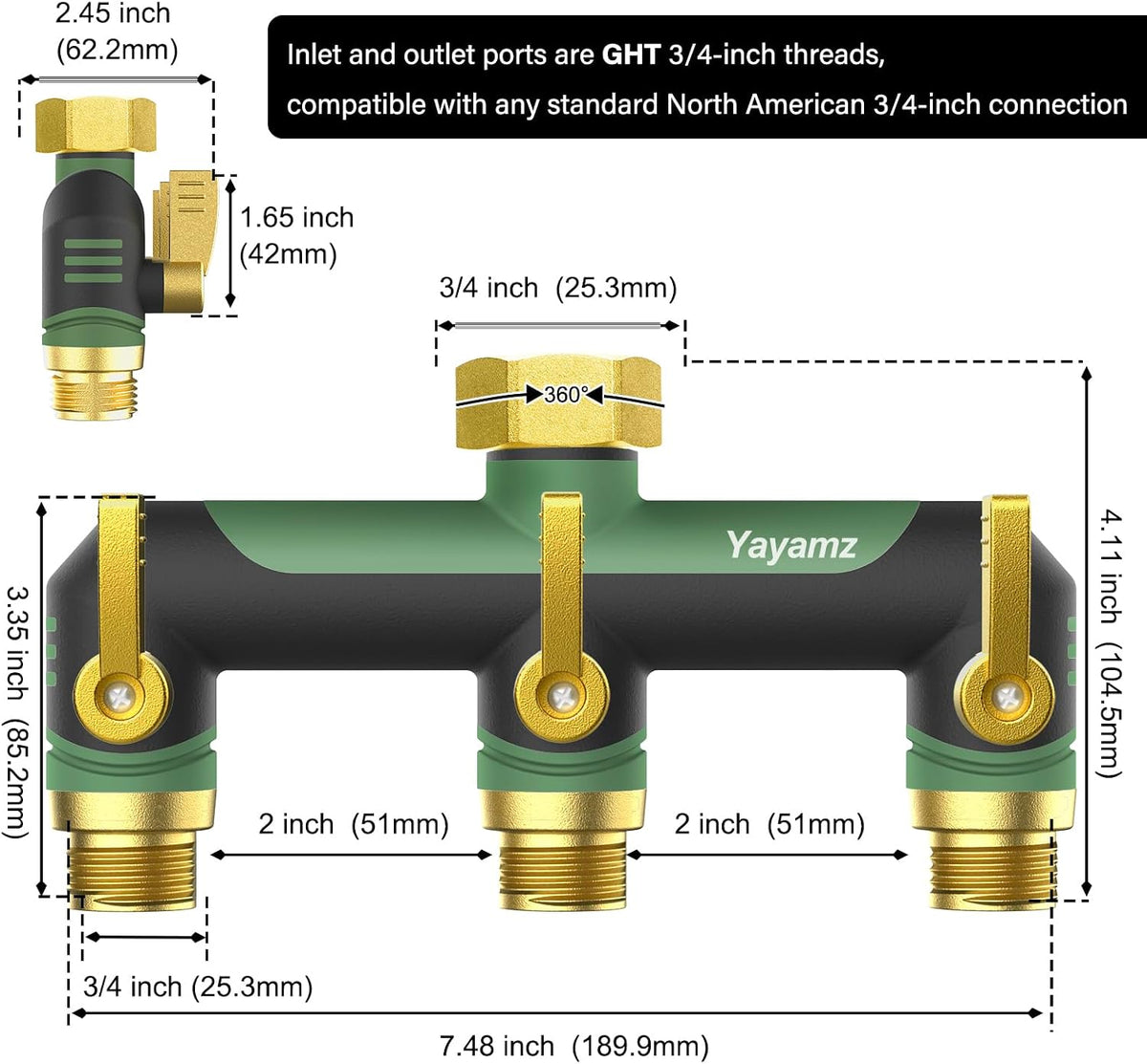 3 Way Garden Hose Splitter, High Flow Outdoor Faucet Splitter