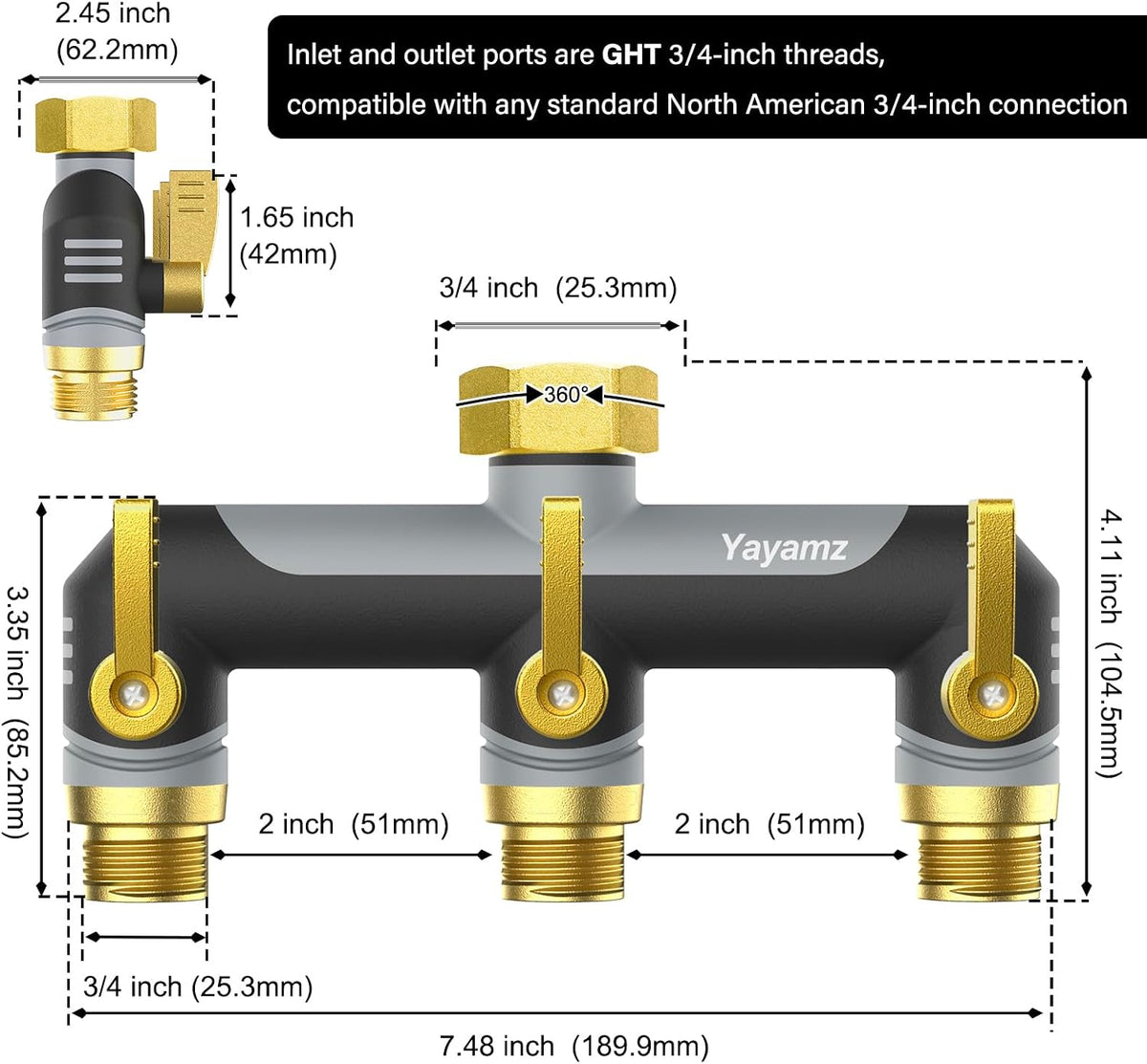 3 Way Garden Hose Splitter, High Flow Outdoor Faucet Splitter