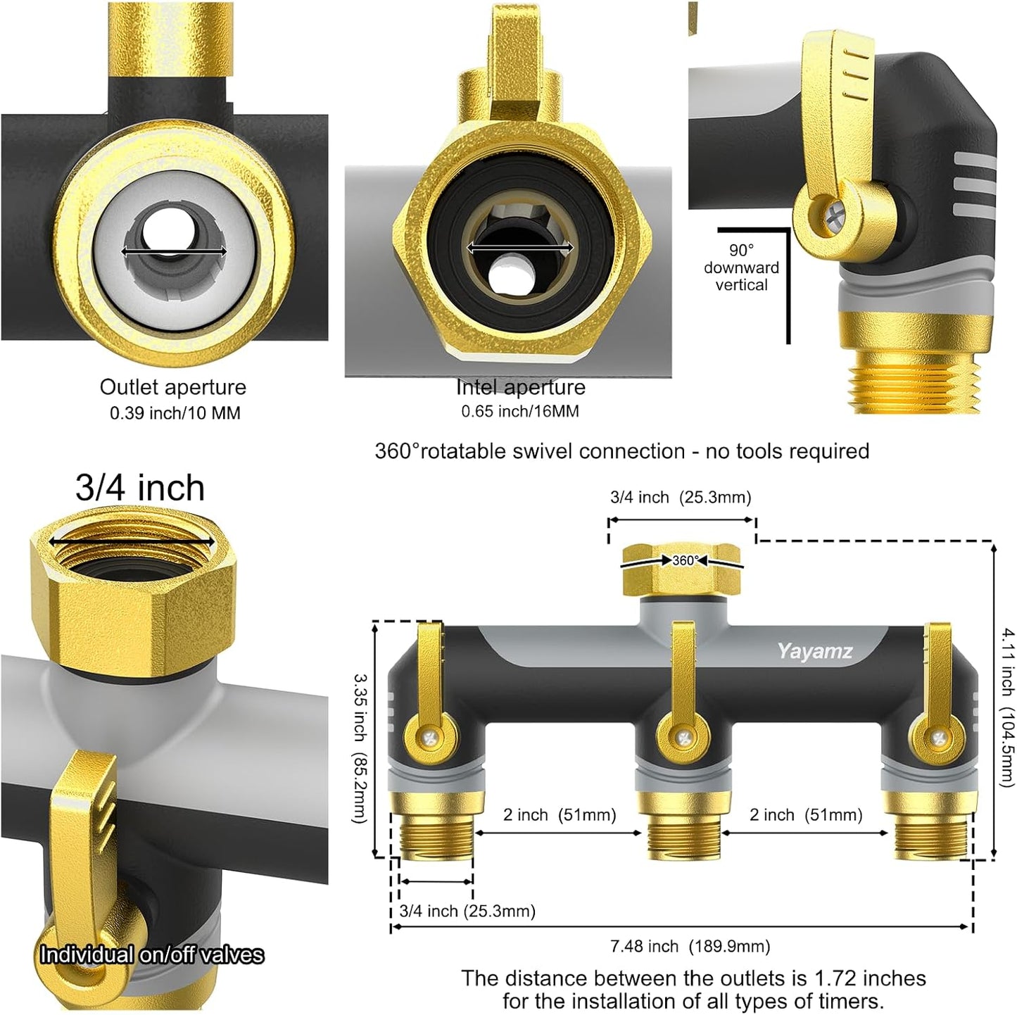 3 Way Garden Hose Splitter, High Flow Outdoor Faucet Splitter