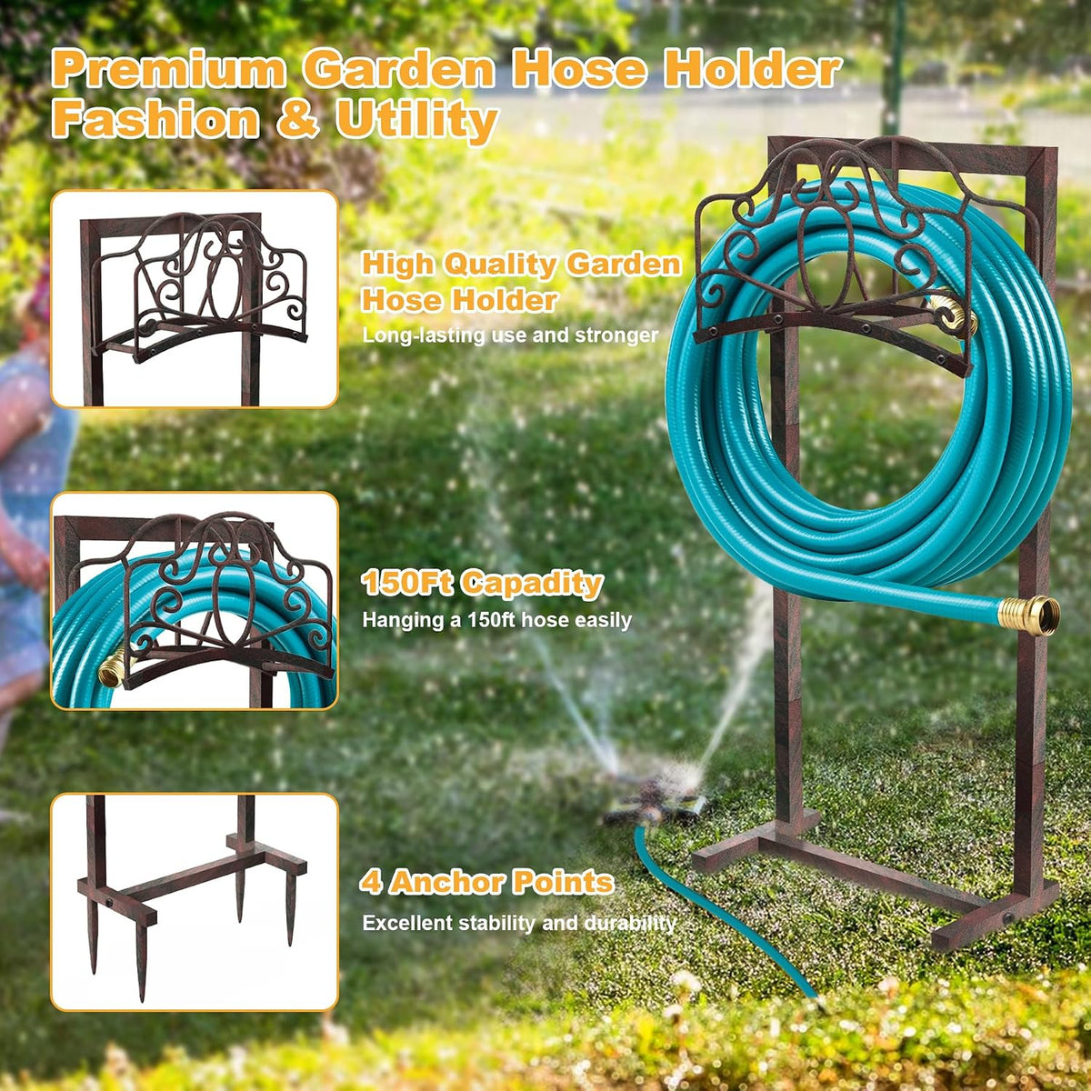 Garden Hose Holder, Heavy Duty Storage Reel Stand, Rustic Floral