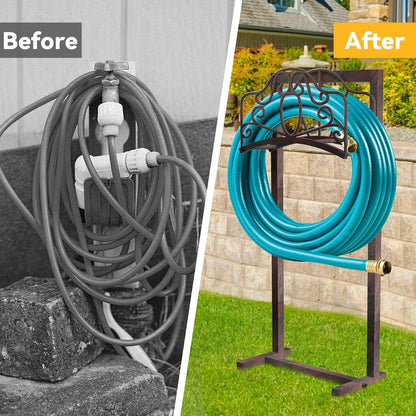 Garden Hose Holder, Heavy Duty Storage Reel Stand, Rustic Floral