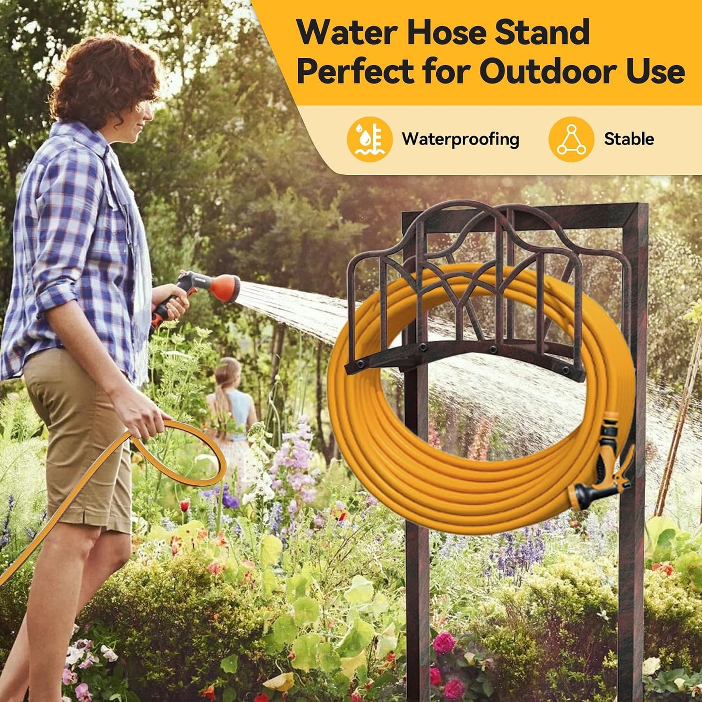 Garden Hose Holder, Heavy Duty Storage Reel Stand, Rustic Floral
